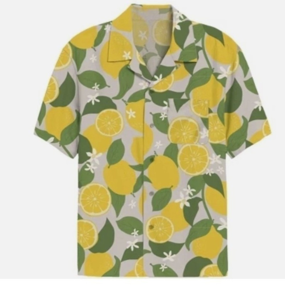 Mad Engine Mens Shirt XXL Lemon Print Rayon Button Up Short Sleeve Gray
